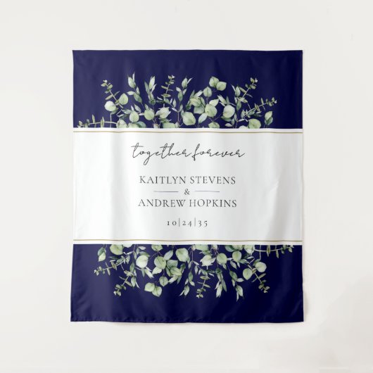 Navyblauw Eucalyptus Huwelijk Samen Voor Altijd Wandkleed (Voorkant)