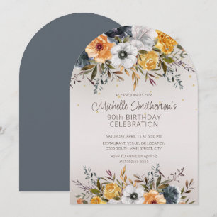 Navyblauw Geel Bloem Glitter 90ste Verjaardag Kaart