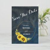Navyblauw & Geometrisch Gouden Zonnebloemen Save The Date (Staand voorkant)