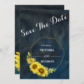 Navyblauw & Geometrisch Gouden Zonnebloemen Save The Date (Voorkant / Achterkant)