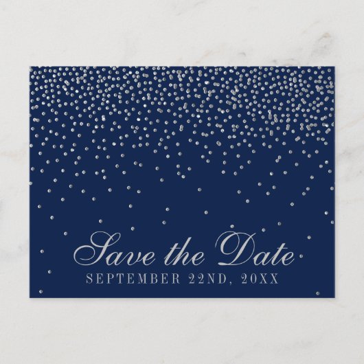 Navyblauw & Glam Zilver Confetti Save The Date Aankondigingskaart (Voorkant)