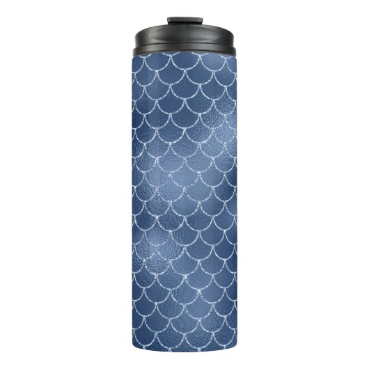 Navyblauw glinsterend zeemeermin schubbenpatroon thermosbeker (Voorkant)