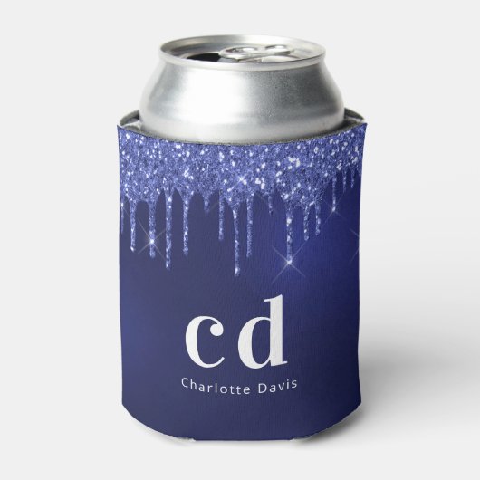 Navyblauw glinsterende druppels witte monogram naa blikjeskoeler (Blikje Voorkant)