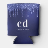 Navyblauw glinsterende druppels witte monogram naa blikjeskoeler (Voorkant)