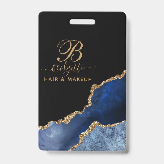 Navyblauw Goud Agaat Geode Make-up Kunstenaar Mono Badge (Voorzijde)