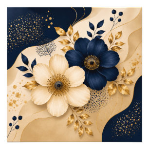 Navyblauw & Goud Botanisch Bloemmotief Foto Afdruk