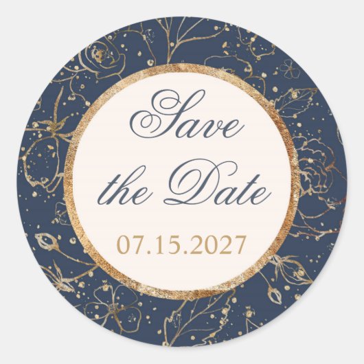 Navyblauw, goud, confetti Save the Date Ronde Sticker (Voorkant)