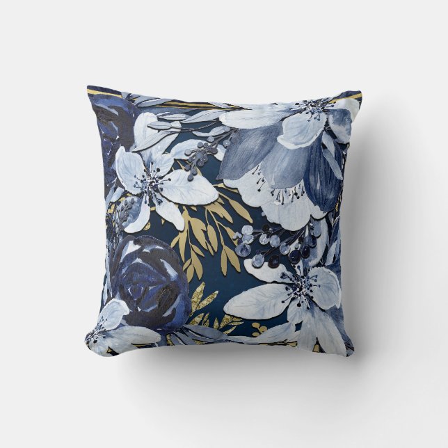 Navyblauw & Goud Elegant Modern Waterverf Bloem Kussen (Voorkant)