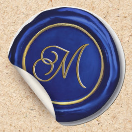 Navyblauw & Goud Moderne Monogram Wax Zegelsticker Ronde Sticker