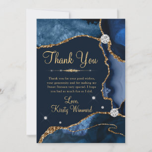 Navyblauw & Goud Nep Glitter Agate Sweet 16 Bedankkaart