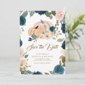 Navyblauw Goud Perzik Bloemige Pompoen Trouwfeest Save The Date (Staand voorkant)