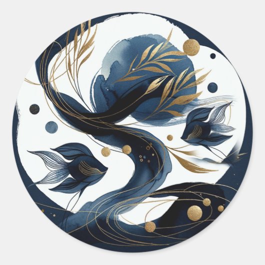 Navyblauw & Goud Vis Strand Bruiloft Ronde Sticker (Voorkant)