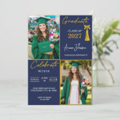 Navyblauw & Gouden Aangepaste 2 Foto Afstudeerfees Kaart (Staand voorkant)