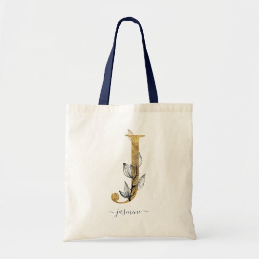 Navyblauw Gouden Blad Moderne Monogram Letter "J" Tote Bag (Voorkant)