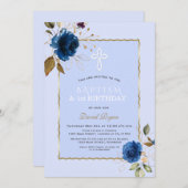 Navyblauw Gouden Bloemen Jongen 1e Verjaardag & Do Kaart (Voorkant / Achterkant)