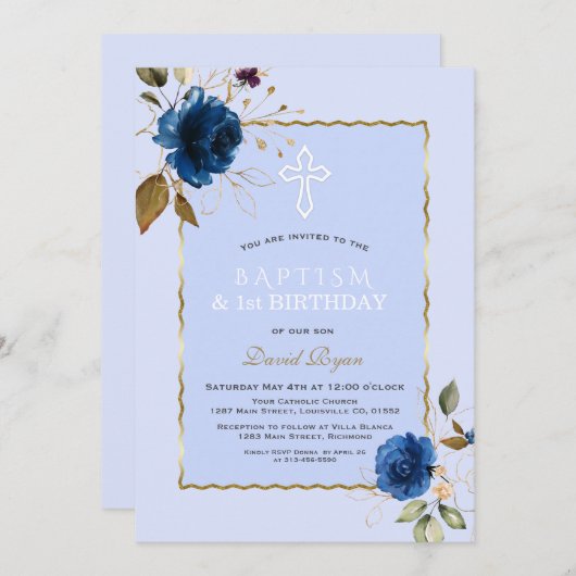 Navyblauw Gouden Bloemen Jongen 1e Verjaardag & Do Kaart (Voorkant / Achterkant)