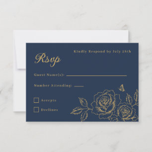 Navyblauw & Gouden Bloemige Quinceañera RSVP Kaartje