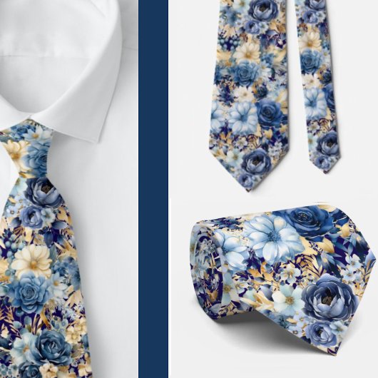 Navyblauw Gouden Bloemrijke Waterverf Bloemen Brui Stropdas