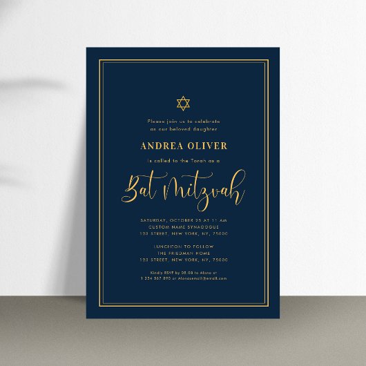 Navyblauw & Gouden Dubbel Kader Script Bat Mitzvah Kaart