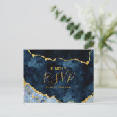 Navyblauw Gouden Folie Agate Huwelijksmaaltijd Keu Uitnodiging Briefkaart (Staand voorkant)