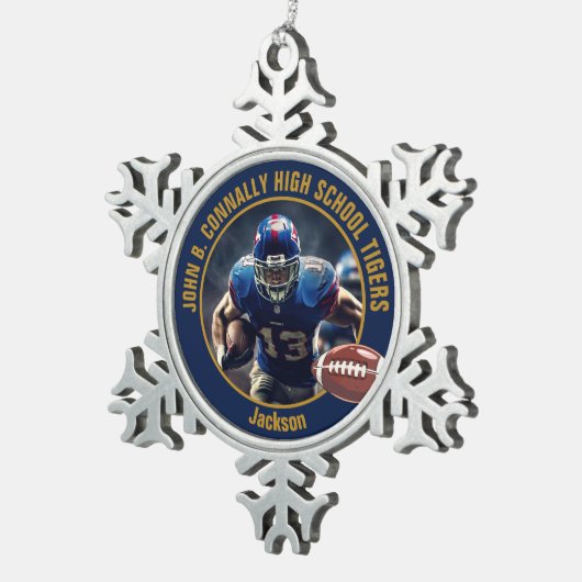Navyblauw gouden foto van high school footballspel tin sneeuwvlok ornament (Rechts)