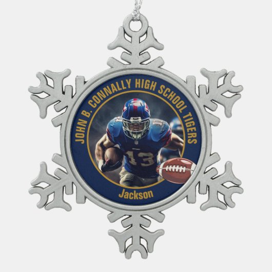 Navyblauw gouden foto van high school footballspel tin sneeuwvlok ornament (Voorkant)