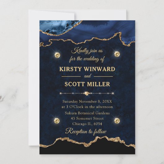 Navyblauw & Gouden Glitter Agate Marmeren Bruiloft Kaart (Voorkant)