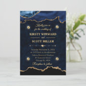 Navyblauw & Gouden Glitter Agate Marmeren Bruiloft Kaart (Staand voorkant)
