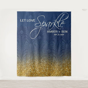 Navyblauw & Gouden Glitter Pauw Huwelijk Maatwerk Wandkleed