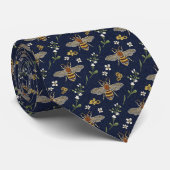 Navyblauw & Gouden Honingbij Bloemen Stropdas (Opgerold)