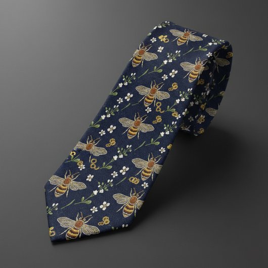 Navyblauw & Gouden Honingbij Bloemen Stropdas