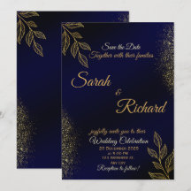 Navyblauw Gouden Luxe Trouw Uitnodiging