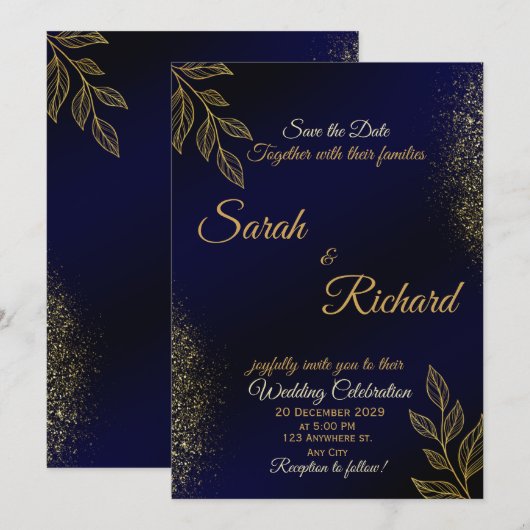 Navyblauw Gouden Luxe Trouw Uitnodiging (Voorkant / Achterkant)