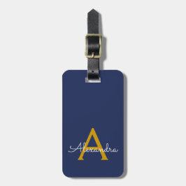 Navyblauw Gouden Meisjesachtig Schrift Monogram Na Bagagelabel