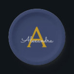 Navyblauw Gouden Meisjesachtige Script Monogram Na Papieren Bordje<br><div class="desc">Gouden en Navyblauwe Monogram Voeg Je Eigen Naam Toe Script Feestborden. Dit is het perfecte cadeau voor een 16e verjaardag,  trouwdag,  bruidsfeest,  jubileum,  babyfeestje of vrijgezellenfeest voor iemand die van glamour luxe en chic stijl houdt.</div>