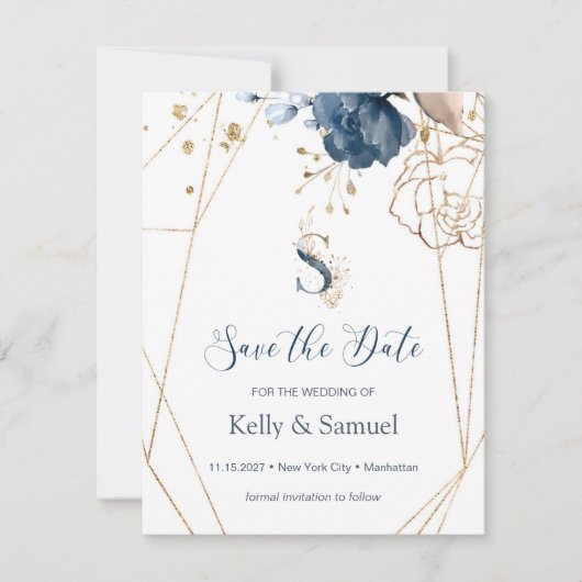 Navyblauw & gouden rozen Save the Date (Voorkant)