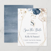 Navyblauw & gouden rozen Save the Date (Voorkant / Achterkant)