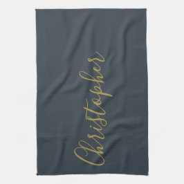 Navyblauw Gouden Schrift Naam Minimalistische Mono Theedoek