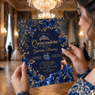 Navyblauw Gouden Tiara Rozen Quinceañera Kaart