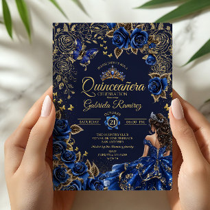 Navyblauw Gouden Tiara Rozen Quinceañera Kaart
