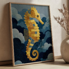 Navyblauw & Gouden Zeepaardje Kintsugi Nautilus Ku Poster