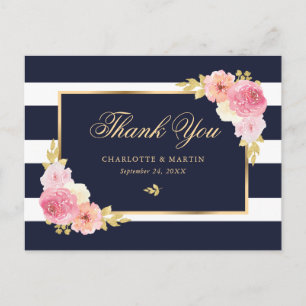 Navyblauw goudroze bloemen bedankt briefkaart