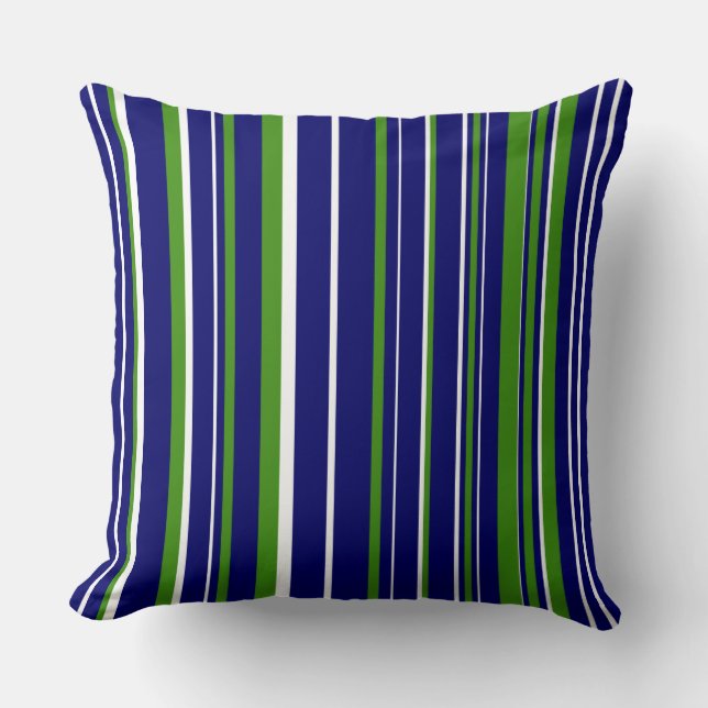 Navyblauw, groen en wit streepjesbarcode kussen (Voorkant)