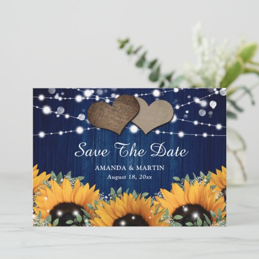 Navyblauw Hout Eucalyptus Baby's Breath Zonnebloem Save The Date (Staand voorkant)