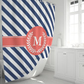 Navyblauw & Koraal Naupliestrepen Monogram Douchegordijn