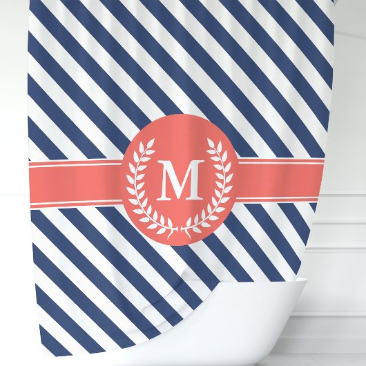 Navyblauw & Koraal Naupliestrepen Monogram Douchegordijn