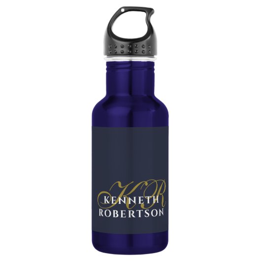 Navyblauw minimalistisch monogram goud wit chic he waterfles  (Voorkant)