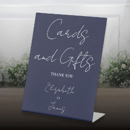 Navyblauw Minimalistisch Script Kaarten en Cadeaus Reclamebord Met Voetstuk