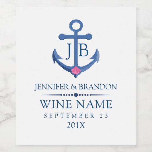 Navyblauw nautisch bootanker schelp accent wijn etiket (Enkel label)