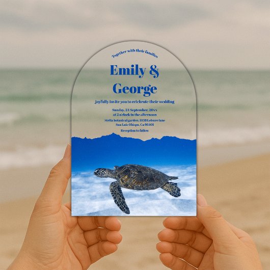 Navyblauw Onder de Zeeschildpad Kust Bruiloft Acryl Uitnodigingen